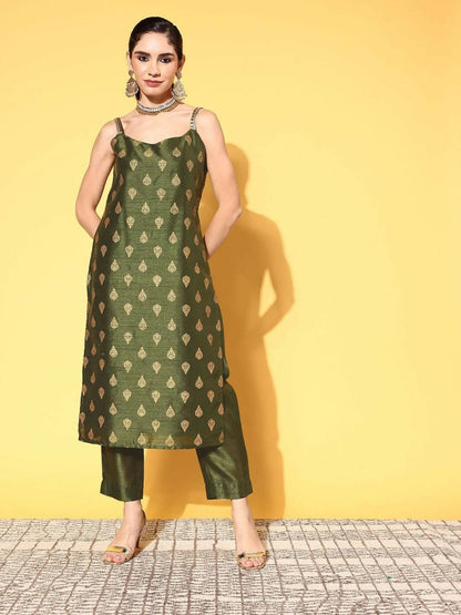 Ahalyaa Women's Olive Colour Poly Silk Gold Printed Kurta Pant Set
