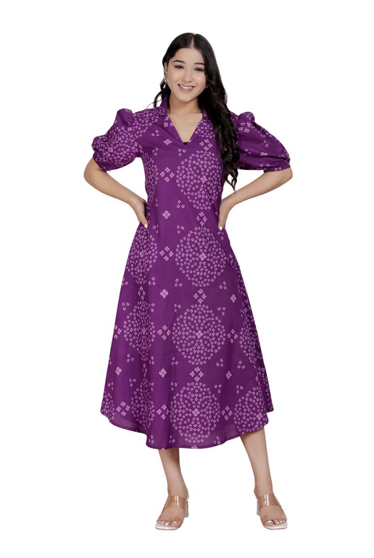 Miravan Womens Purple Bandhani Printed A-Line Maxi Dress