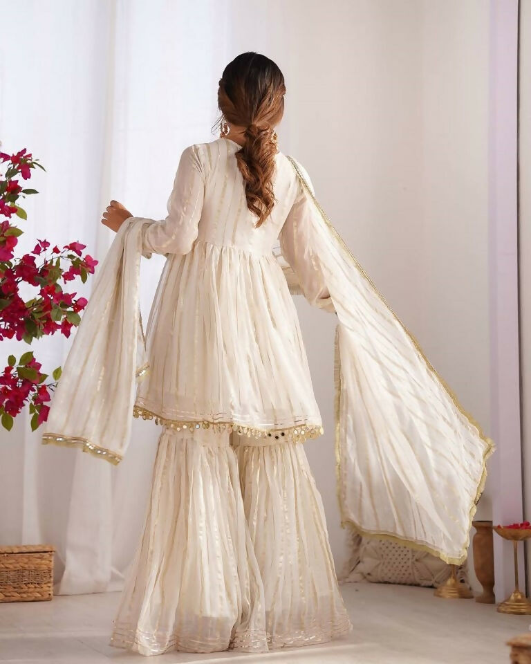 Teeya Creation White Color Mal Chanderi Silk Mirror Work And Hand Work Sharara set