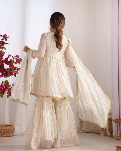 Teeya Creation White Color Mal Chanderi Silk Mirror Work And Hand Work Sharara set