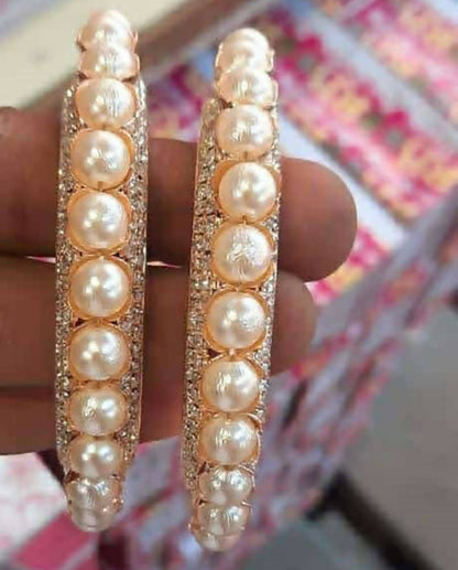 Mominos Fashion Trendy Gold-Polished American Diamond & Pearls Design Bangles