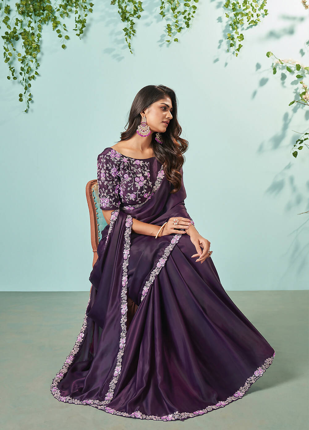 Dark Purple Silk crepe Solid Saree With Unstitched Blouse Piece - Norita Ikshita