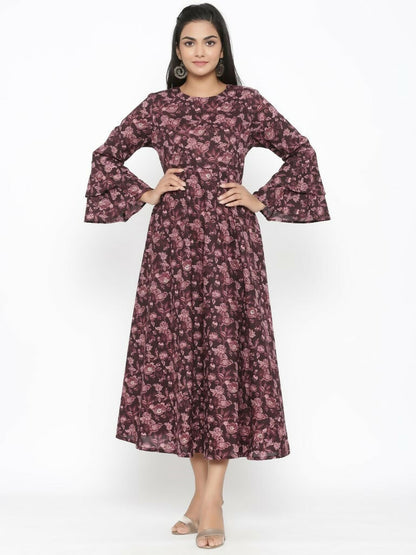 Miravan Women's Maroon Floral Bell Sleeves Anarkali Kurta