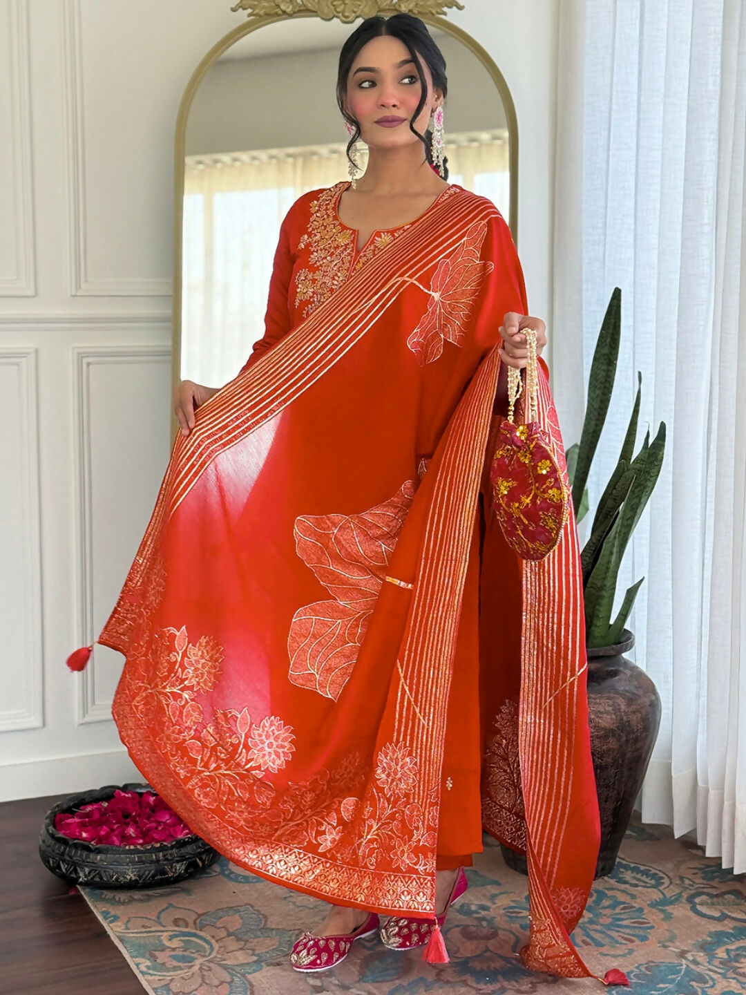 The52 Rust Women's Gorgeous Roman Silk Fabric Straight Kurta, Pant and Dupatta Set