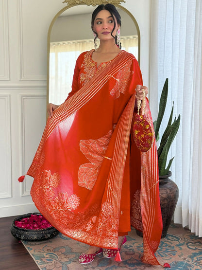 The52 Rust Women's Gorgeous Roman Silk Fabric Straight Kurta, Pant and Dupatta Set