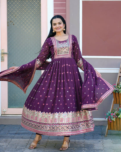 Lehenga Mart Designer Faux Georgette Gown With Sequence Embroidered Work - Purple