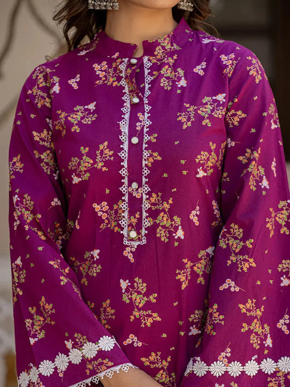 Yufta Purple Floral Print Straight Pakistani Style Kurta Trouser And Dupatta Set
