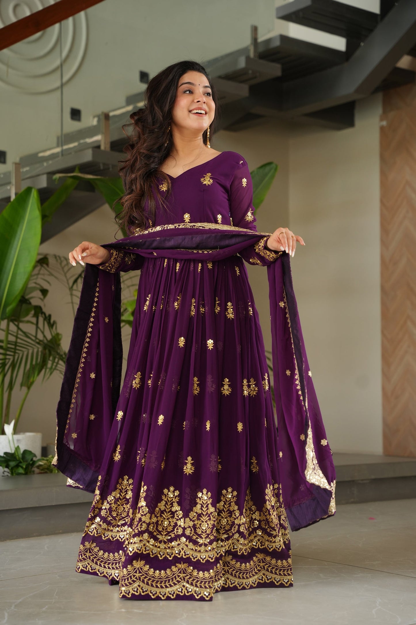 Lorenvalley Fashion Purple Faux Georgette with Zari & Sequins Embroidered Work Anarkali Gown with Dupatta