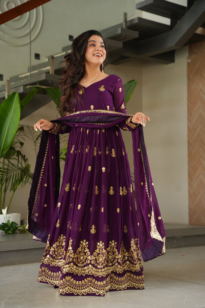 Lorenvalley Fashion Purple Faux Georgette with Zari & Sequins Embroidered Work Anarkali Gown with Dupatta