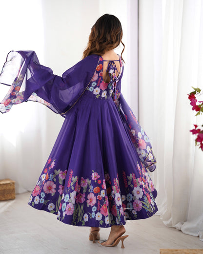 Lorenvalley Purple Soft Organza Silk With Floral Print Fully Flared Anarkali Pant With Dupatta Set