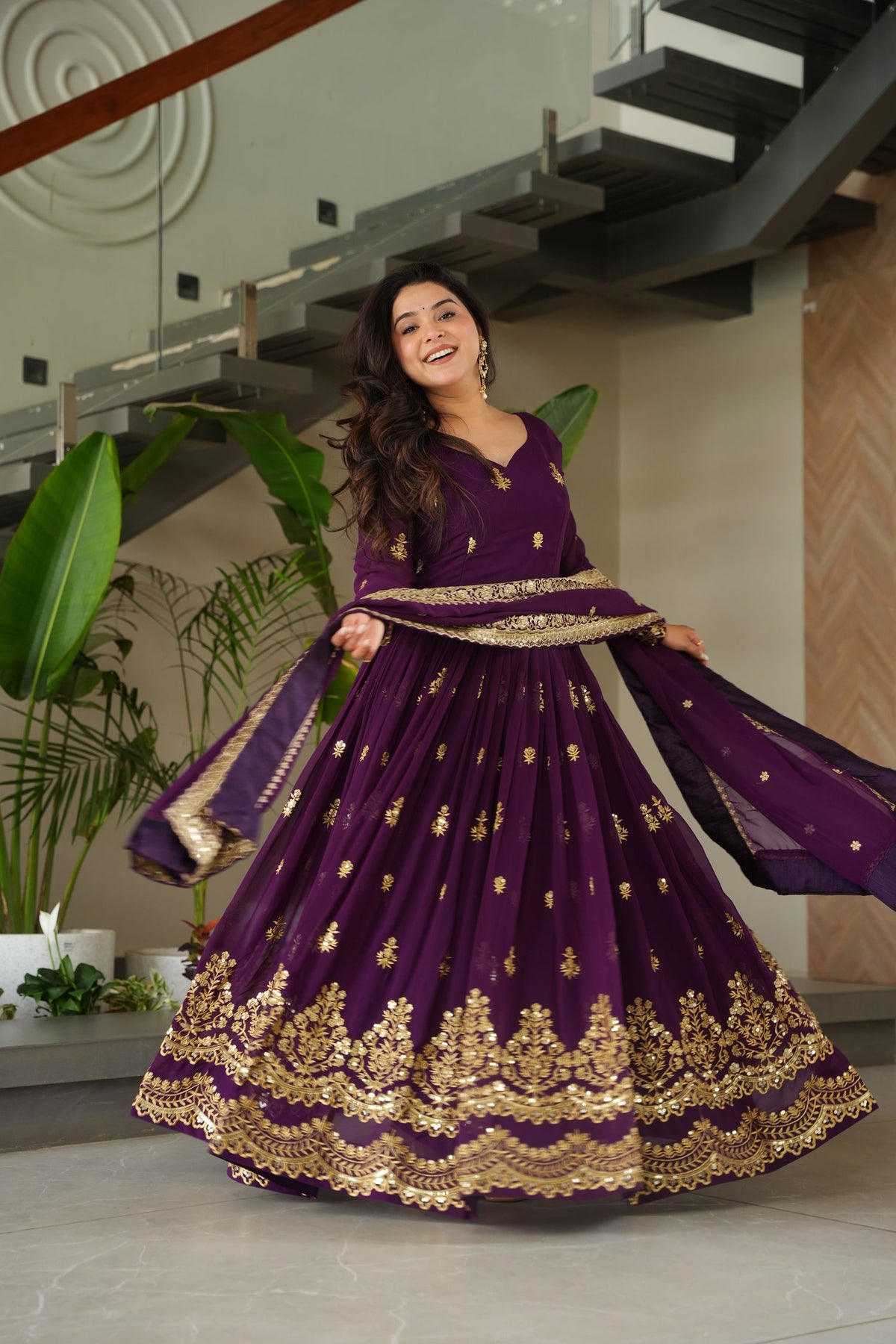 Lorenvalley Fashion Purple Faux Georgette with Zari & Sequins Embroidered Work Anarkali Gown with Dupatta
