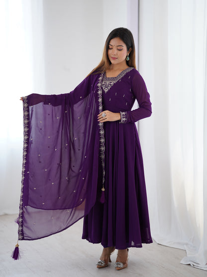 Lorenvalley Purple Faux Georgette Fancy Embroidery Beads And Jari Work Anarkali Kurta Palazzo With Dupatta Set