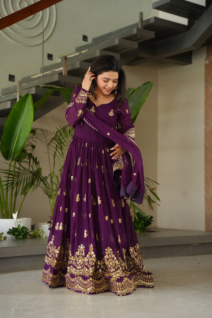 Lorenvalley Fashion Purple Faux Georgette with Zari & Sequins Embroidered Work Anarkali Gown with Dupatta