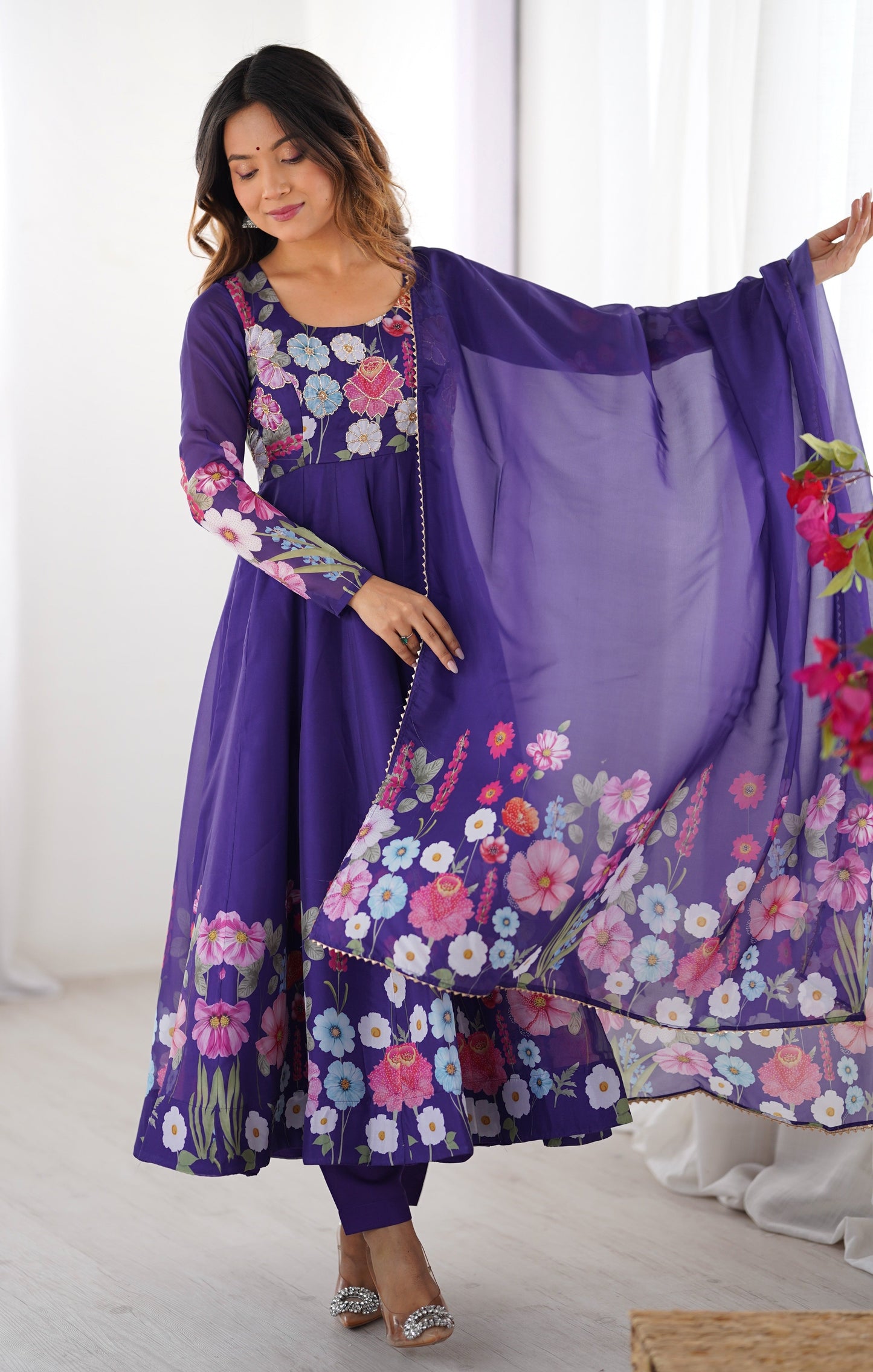 Lorenvalley Purple Soft Organza Silk With Floral Print Fully Flared Anarkali Pant With Dupatta Set
