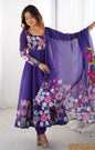 Lorenvalley Purple Soft Organza Silk With Floral Print Fully Flared Anarkali Pant With Dupatta Set