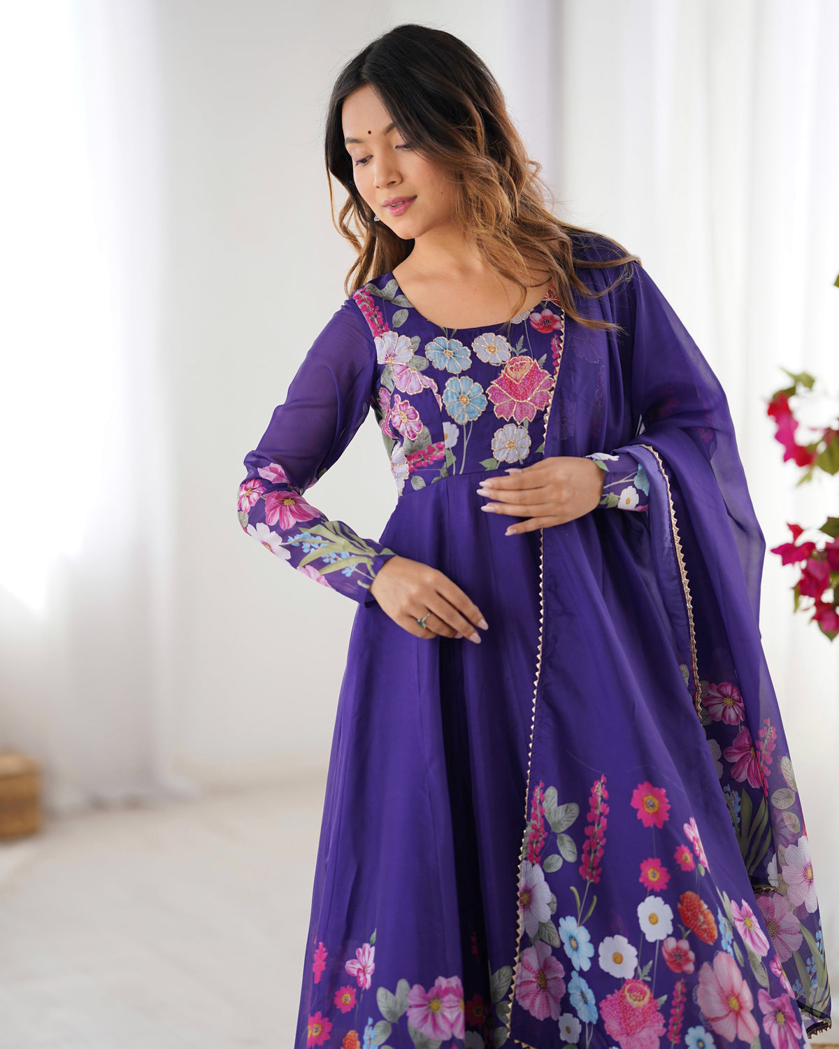 Lorenvalley Purple Soft Organza Silk With Floral Print Fully Flared Anarkali Pant With Dupatta Set