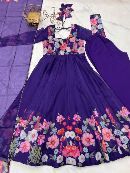 Lorenvalley Purple Soft Organza Silk With Floral Print Fully Flared Anarkali Pant With Dupatta Set