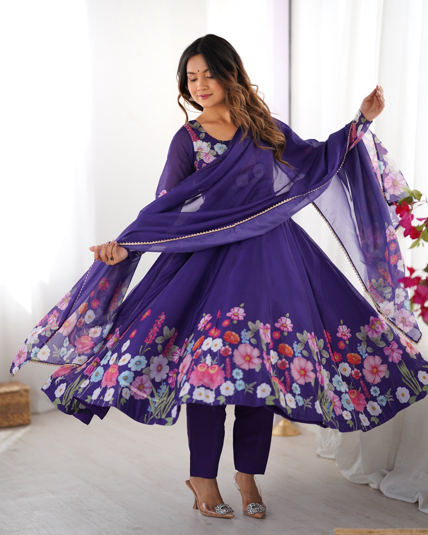 Lorenvalley Purple Soft Organza Silk With Floral Print Fully Flared Anarkali Pant With Dupatta Set