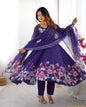 Lorenvalley Purple Soft Organza Silk With Floral Print Fully Flared Anarkali Pant With Dupatta Set