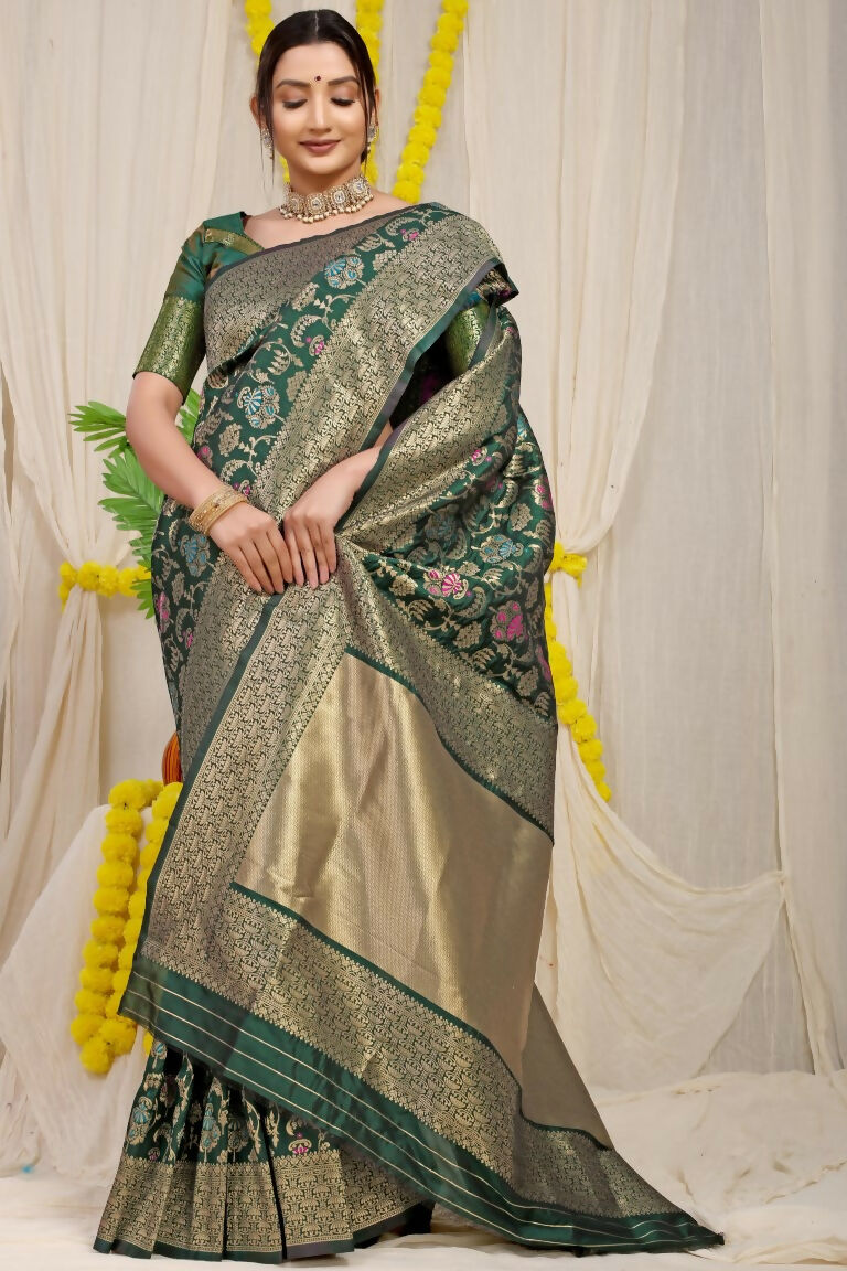 Jyoti Fashion Women's Bottle Green Kanjivaram Silk Zari Woven Saree with Blouse