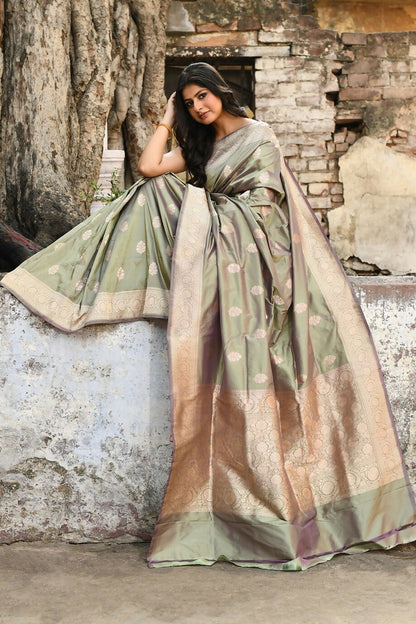 Joban Fashion Pea Green Pure Katan Pure Handloom Banarasi Silk Saree