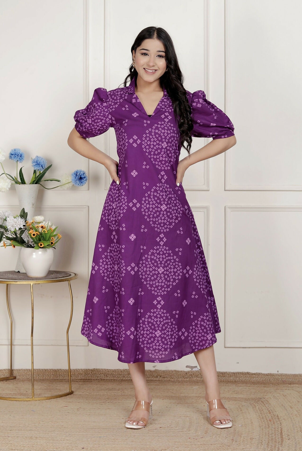 Miravan Womens Purple Bandhani Printed A-Line Maxi Dress