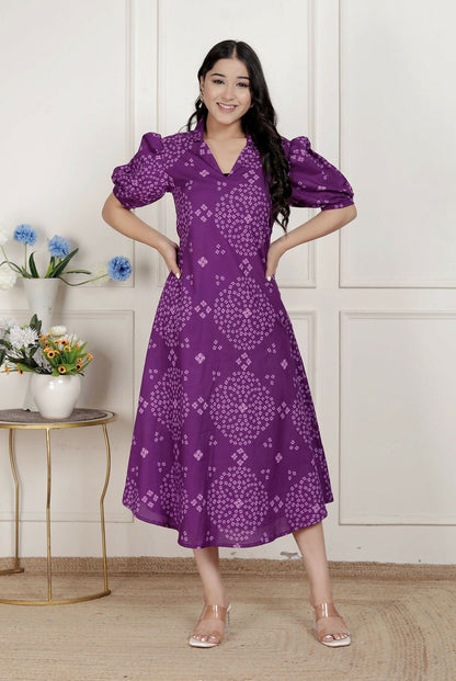 Miravan Womens Purple Bandhani Printed A-Line Maxi Dress
