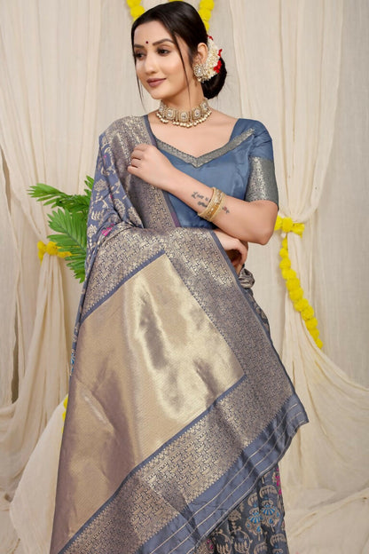 Jyoti Fashion Women's Grey Kanjivaram Silk Zari Woven Saree with Blouse