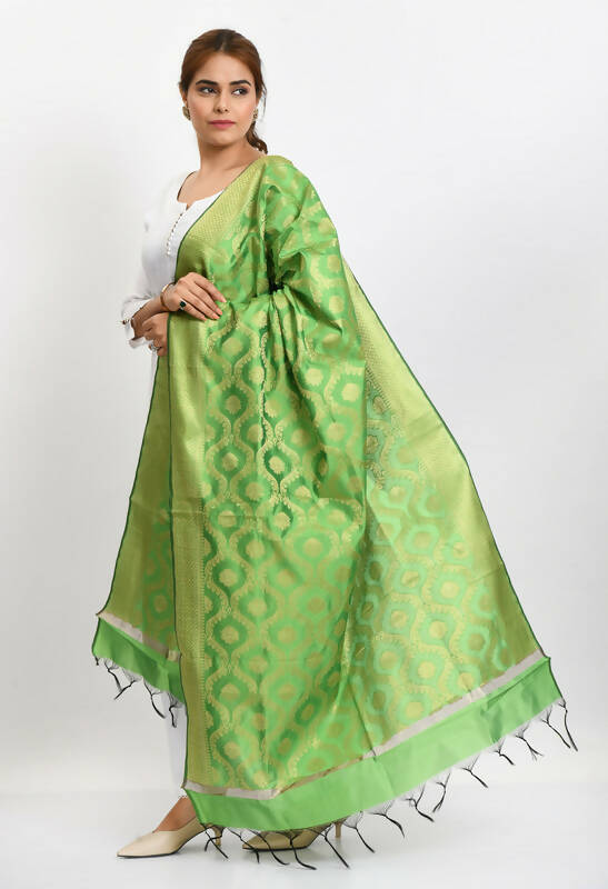 Mominos Fashion Moeza Women's Banarsi Silk All Over Woven Design Parrot Green Dupatta