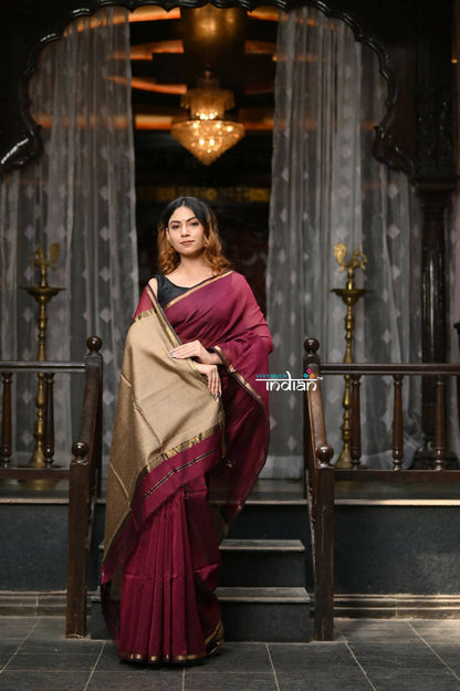 Very Much Indian VMI Exclusive Designer! Handloom Cotton Silk Saree With Sleek Golden Border - Maroon Shade
