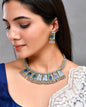 VOJ Silver Plated Oxidized Peacock Print Hasli with Earring Set