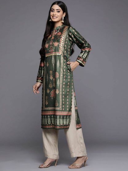 Ahalyaa Women Green & Pink Ethnic Motifs Printed Gotta Patti Velvet Kurta