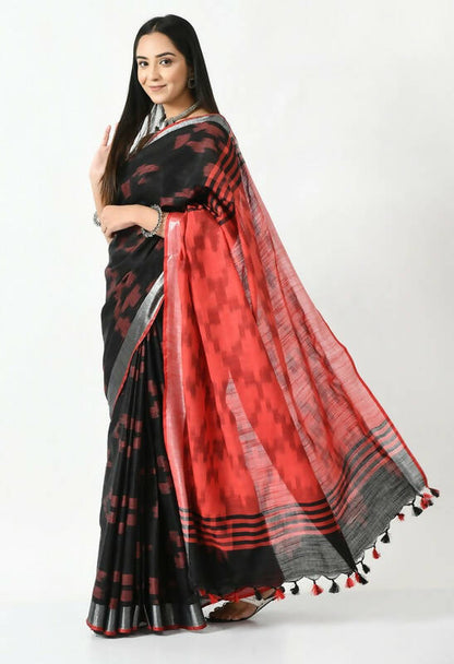 Mominos Fashion Moeza Black & Red Bhagalpuri Handloom Ikat Pure Cotton Saree with unstitched Blouse piece