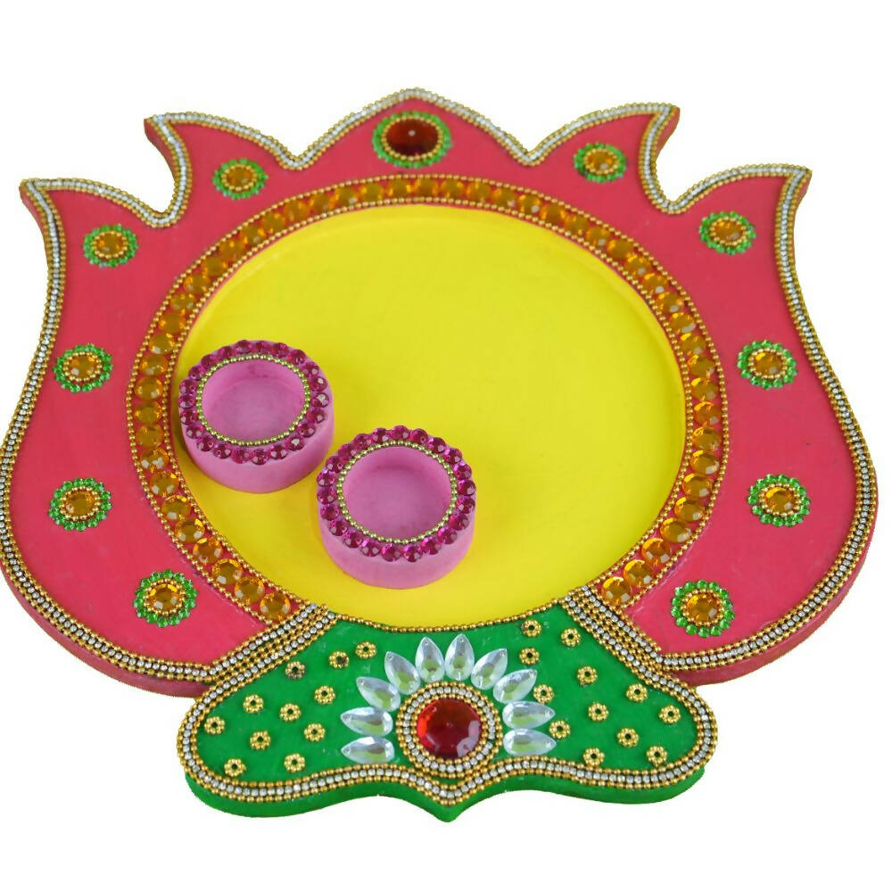 Kundan HandiKrafts Mdf Lotus Pooja Thalis - Pink