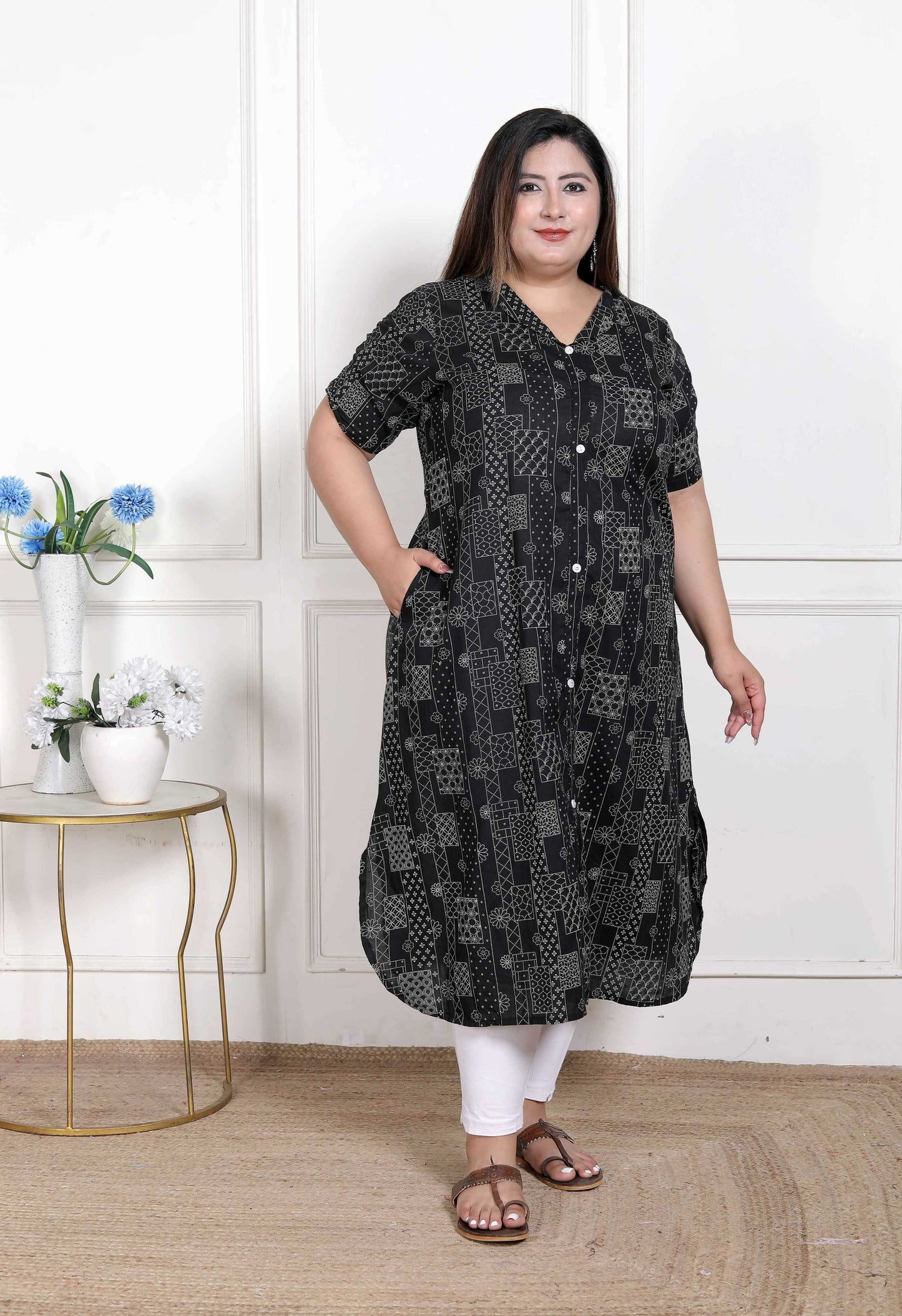 Miravan Women's Plus Size Pure Cotton Black Floral Printed Front Button A-Line Kurta