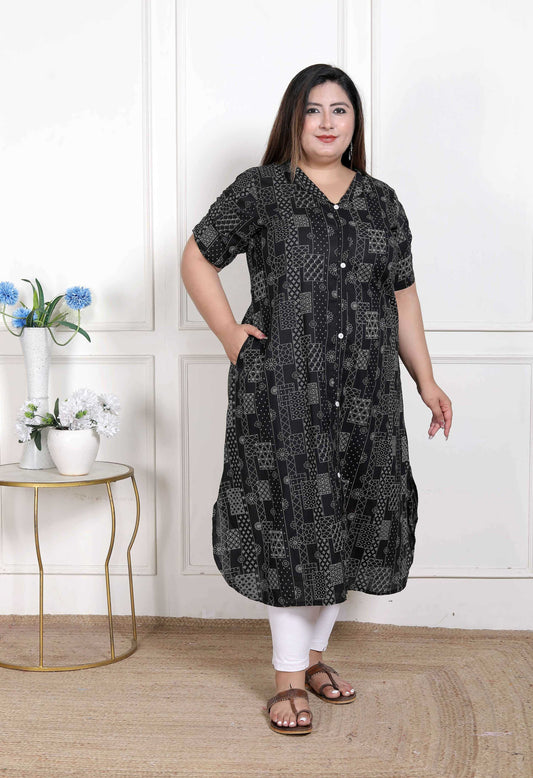 Miravan Women's Plus Size Pure Cotton Black Floral Printed Front Button A-Line Kurta