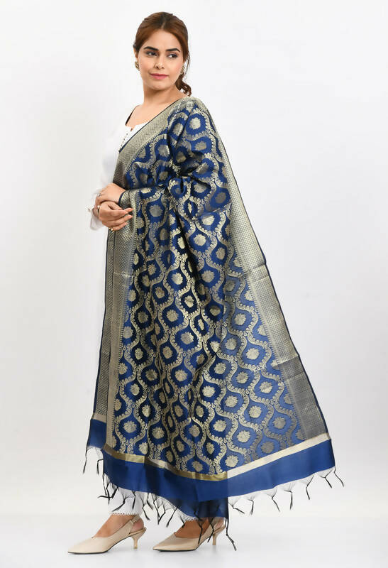 Mominos Fashion Moeza Women's Banarsi Silk All Over Woven Design Navy Blue Dupatta