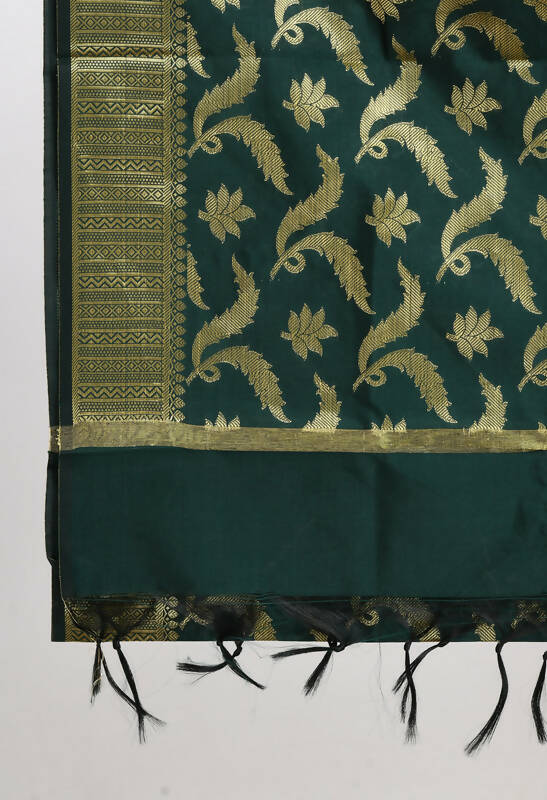 Mominos Fashion Moeza Women's Banarsi Silk Floral Woven Design Bottle Green Dupatta