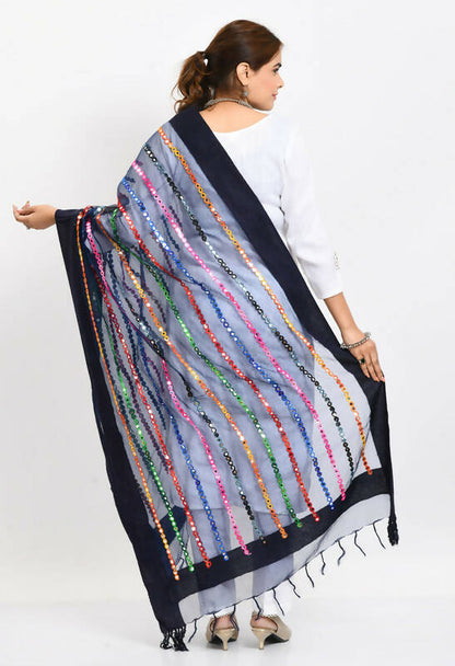 Mominos Fashion Moeza Women's Orgenza Multi Thread Mirror Work Navy Blue Dupatta