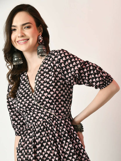 Myshka Women's Black Empire Printed Dress