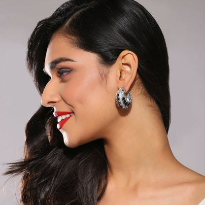 Black & Silver Diamond Hoops Earrings- Ruby Raang