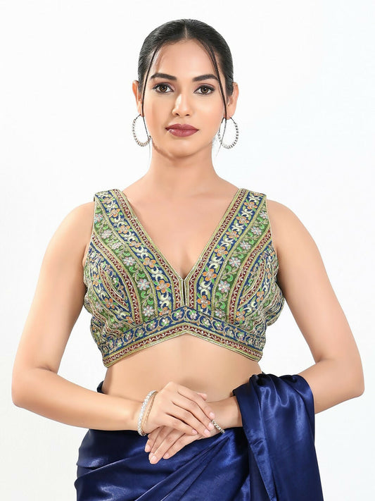 Joban Fashion Green Multi Georgette Padded Blouse With V Neck Sleeveless