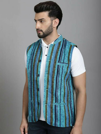 Even Apparels Nehru Jacket With Welt Pockets - Blue