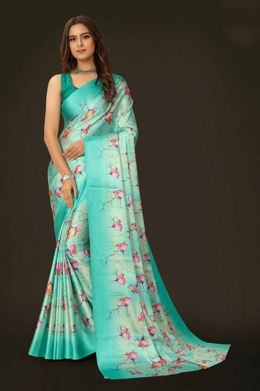Aayaa Designer Printed Satin Saree - Multi Color