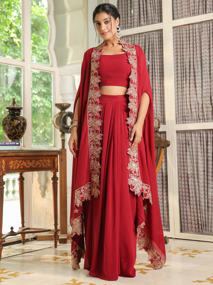 Janasya Maroon Georgette Solid Top Bottom Cape