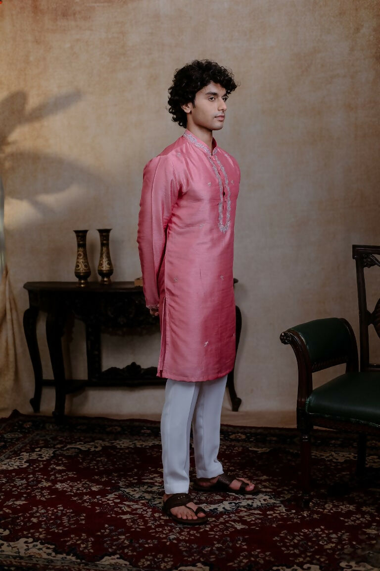 Falling Raw Silk Pink Prism Motif Kurta Set By Hilo Design