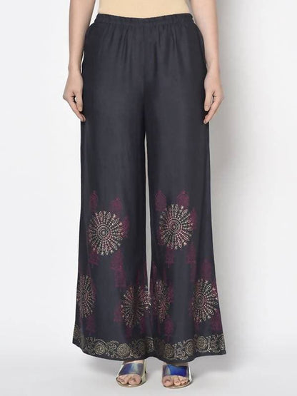 Aniyah Rayon Dark Grey Color Block Print Flared Slip-On Palazzo (AN-201K)