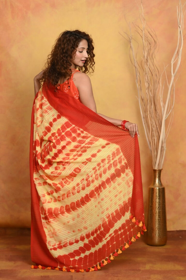 Very Much Indian Tie & Dye Handloom Mul Cotton Saree - Yellow Red