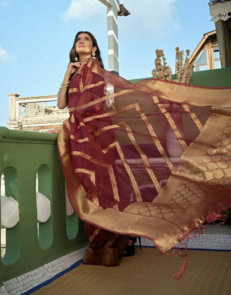 Delightful Designer Maroon Color Organza Silk Saree With Weaving Work - Yomika Fashions
