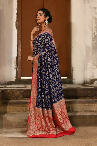 Joban Fashion Navy Blue Crepe Chiffon Pure Handloom Banarasi Silk Saree